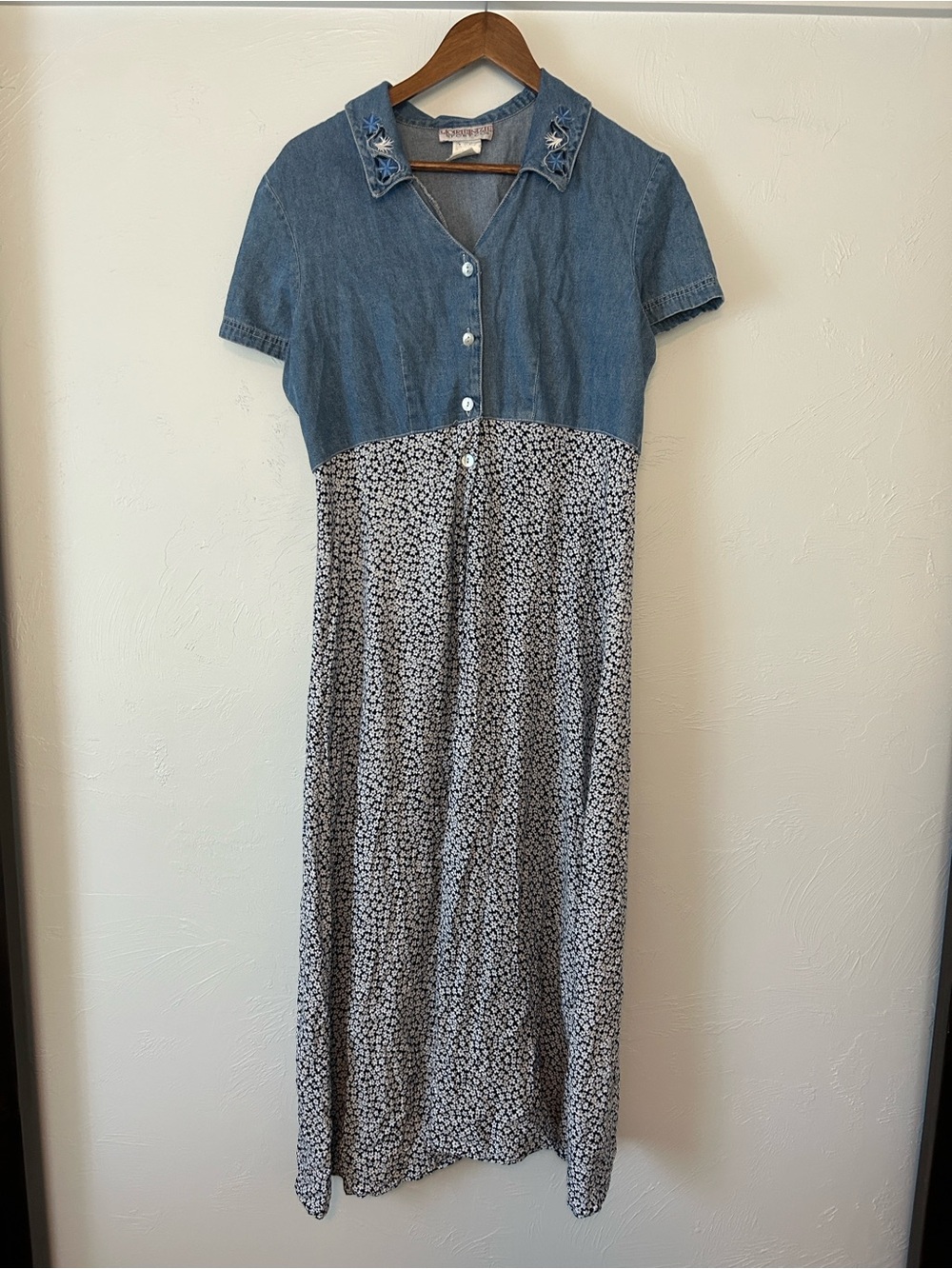 Denim Bodice Floral Maxi Dress - Blue/White